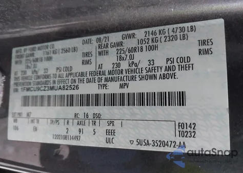 2021 Ford Escape Sel Hybrid из США, поврежденный, VIN 1FMCU9CZ3MUA82526